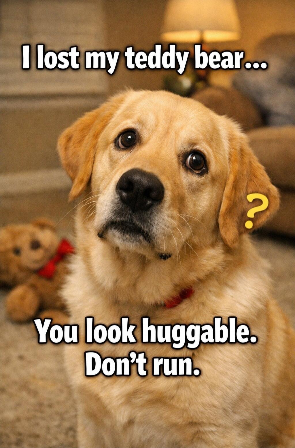 I lost my teddy bear... You look huggable. Don't run.