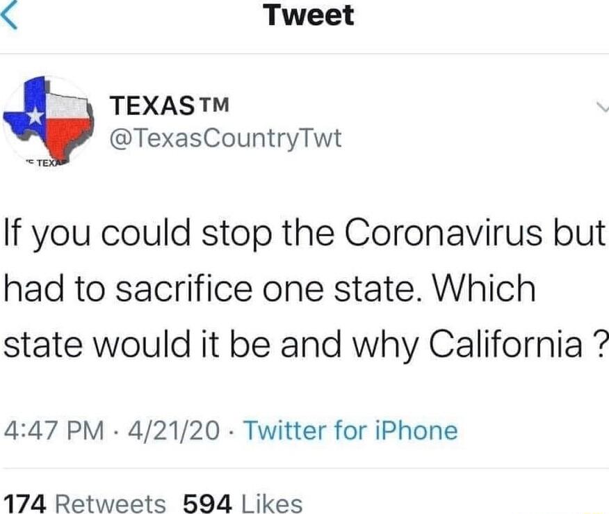 4 Tweet TEXAST TexasCountryTwt If you could stop the Coronavirus but had to sacrifice one state Which state would it be and why California 447 PM 42120 Twitter for iPhone 174 Retweets 594 Likes