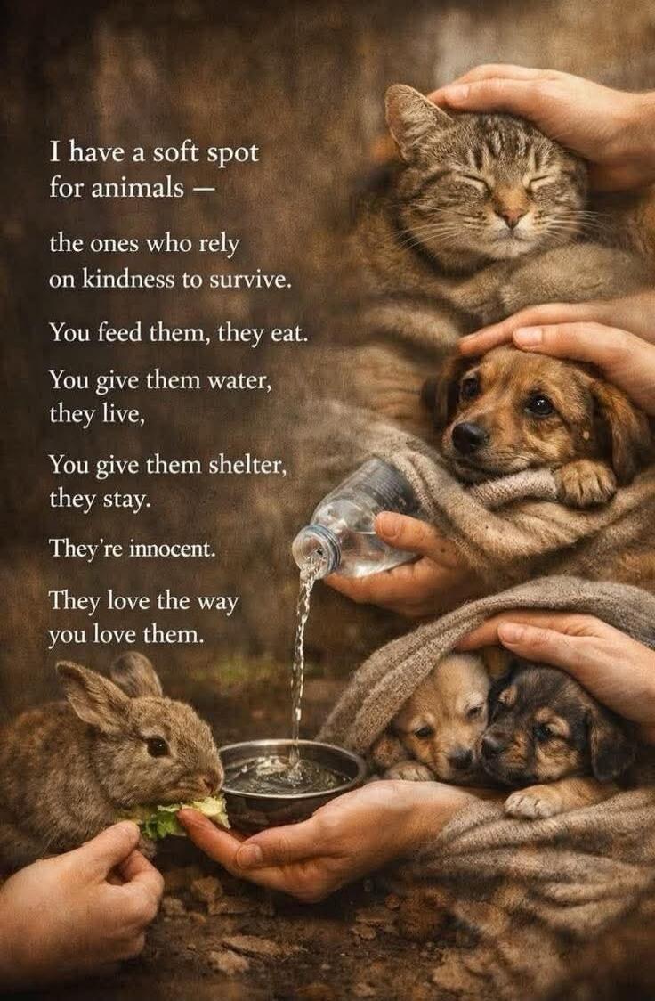 I have a soft spot for animals — the ones who rely on kindness to survive. You feed them, they eat. You give them water, they live, You give them shelter, they stay. They're innocent. They love the way you love them.
