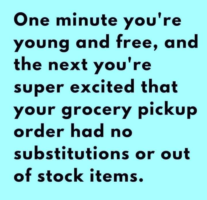One minute youre young and free and the next youre super excited that your grocery pickup order had no substitutions or out of stock items