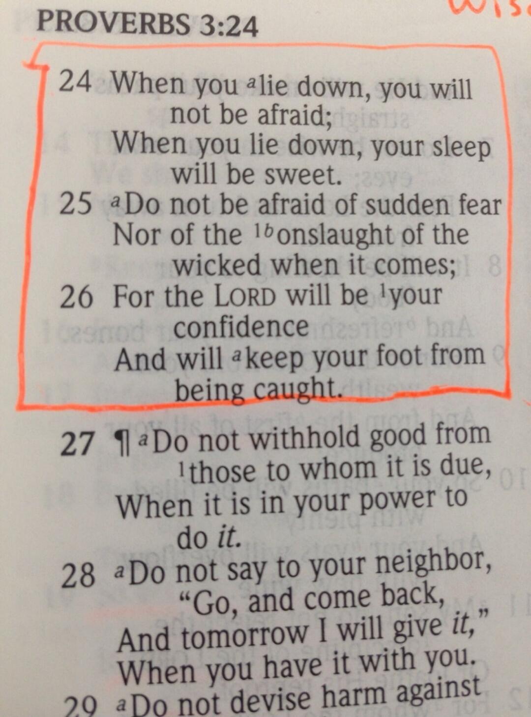 PROVERBS 3:24-26: When you lie down, you will not be afraid; When you lie down, your sleep will be sweet. Do not be afraid of sudden fear Nor of the onslaught of the wicked when it comes; For the LORD will be your confidence And will keep your foot from being caught.