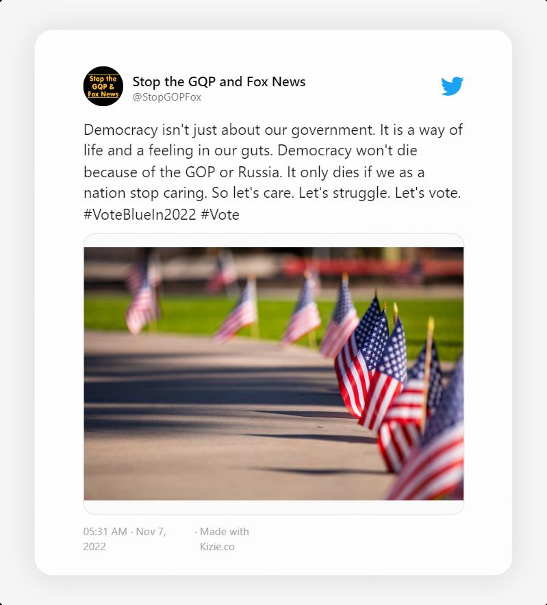 oo morrn v Democracy isnt just about our government It is a way of fife and a feeling in our guts Democracy wont e because of the GOP or Russia It only dies if we as a nation stop caring S lets care Lets struggle Lets vote VoteBluein2022 Vote