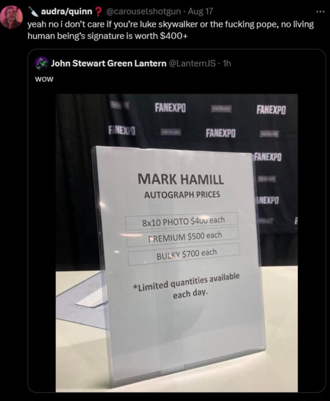 evdroauinn yeah no dont care if youre luke skywalker or the fucking pope no fiving human beings signature is worth 400 John Stewart Green Lantern MARK HAMILL AUTOGRAPH P