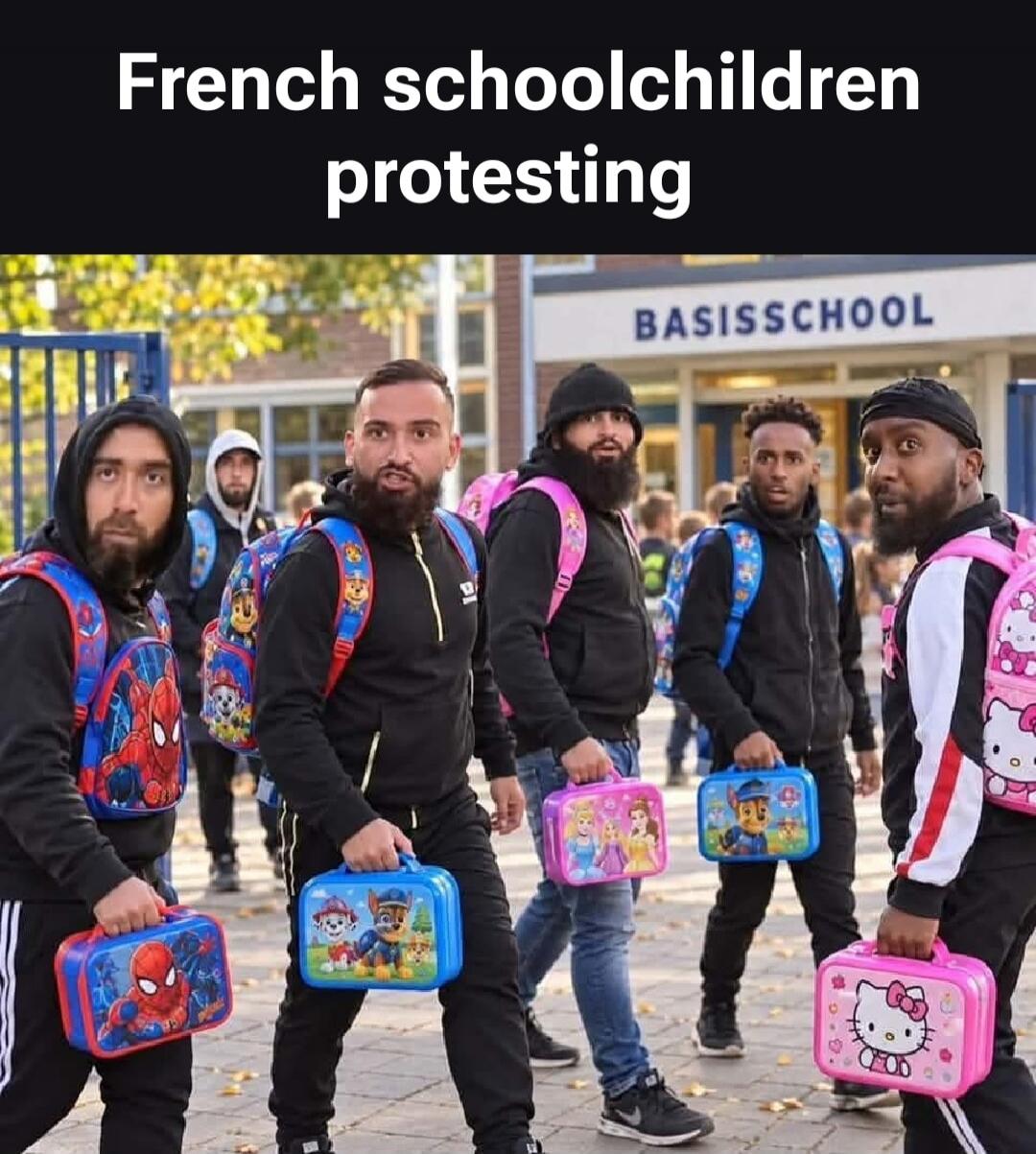 French schoolchildren protesting. BASISSCHOOL. Several adult men, some with beards, are dressed in hoodies and tracksuits, carrying children's backpacks and lunchboxes featuring characters like Spider-Man, Paw Patrol, Disney Princesses, and Hello Kitty. They are walking in front of a building with 'BASISSCHOOL' written on it.