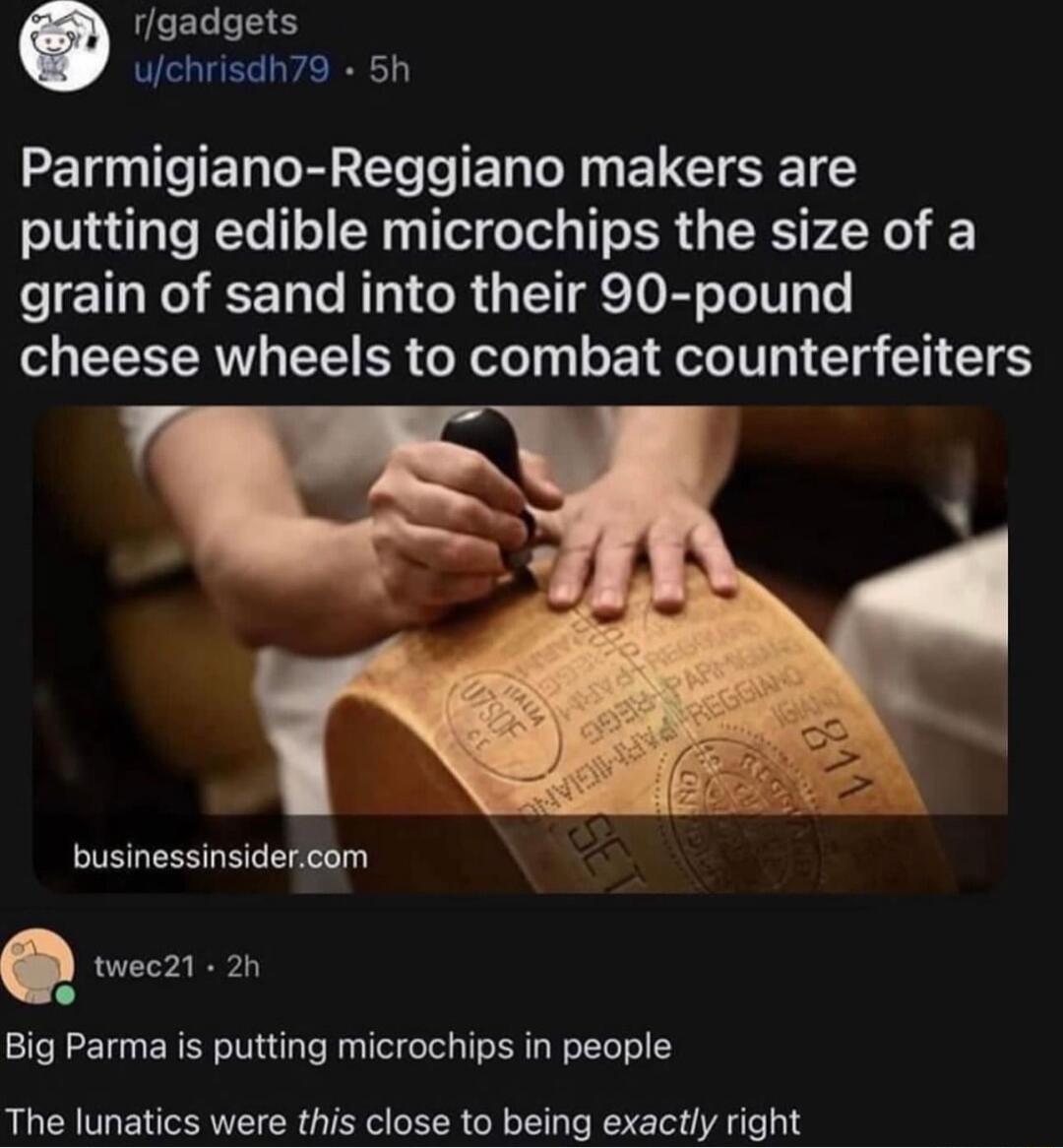 LEEREEE uchrisdh79 5h Parmigiano Reggiano makers are putting edible microchips the size of a grain of sand into their 90 pound cheese wheels to combat counterfeiters businessinsidercom d Big Parma is putting microchips in people The lunatics were this close to being exactly right