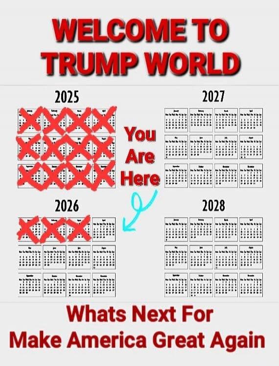 WELCOME TO TRUMP WORLD 2025 2026 2027 2028 You Are Here Whats Next For Make America Great Again. The image shows calendars for years 2025, 2026, 2027, and 2028. Months in 2025 and 2026 are crossed out with red 'X' marks. An arrow points from 'You Are Here' to the year 2027.