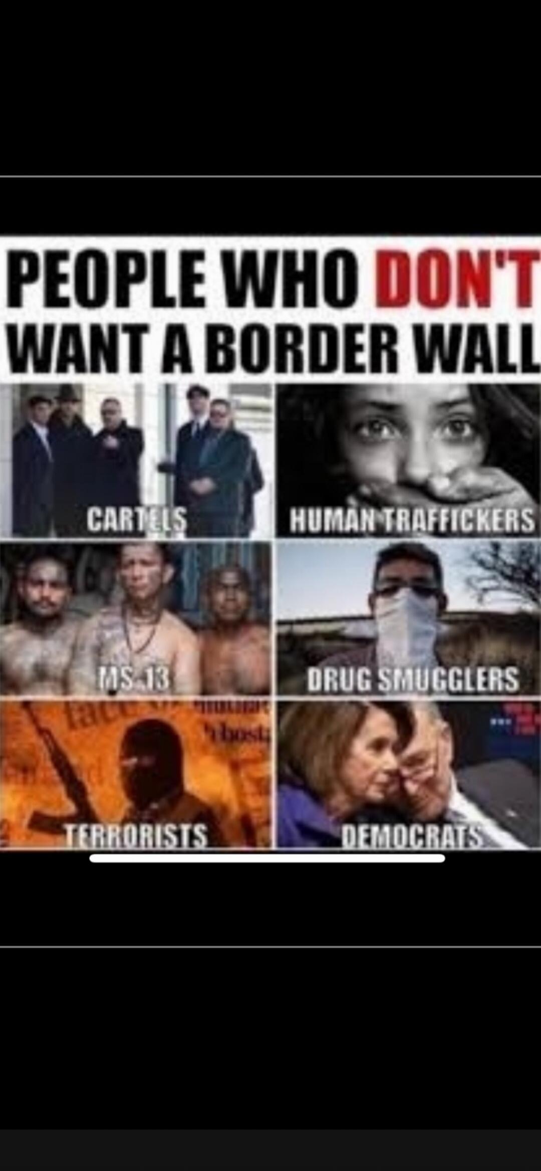 PEOPLE WHO DON'T WANT A BORDER WALL
CARTELS
HUMAN TRAFFICKERS
MS-13
DRUG SMUGGLERS
TERRORISTS
DEMOCRATS