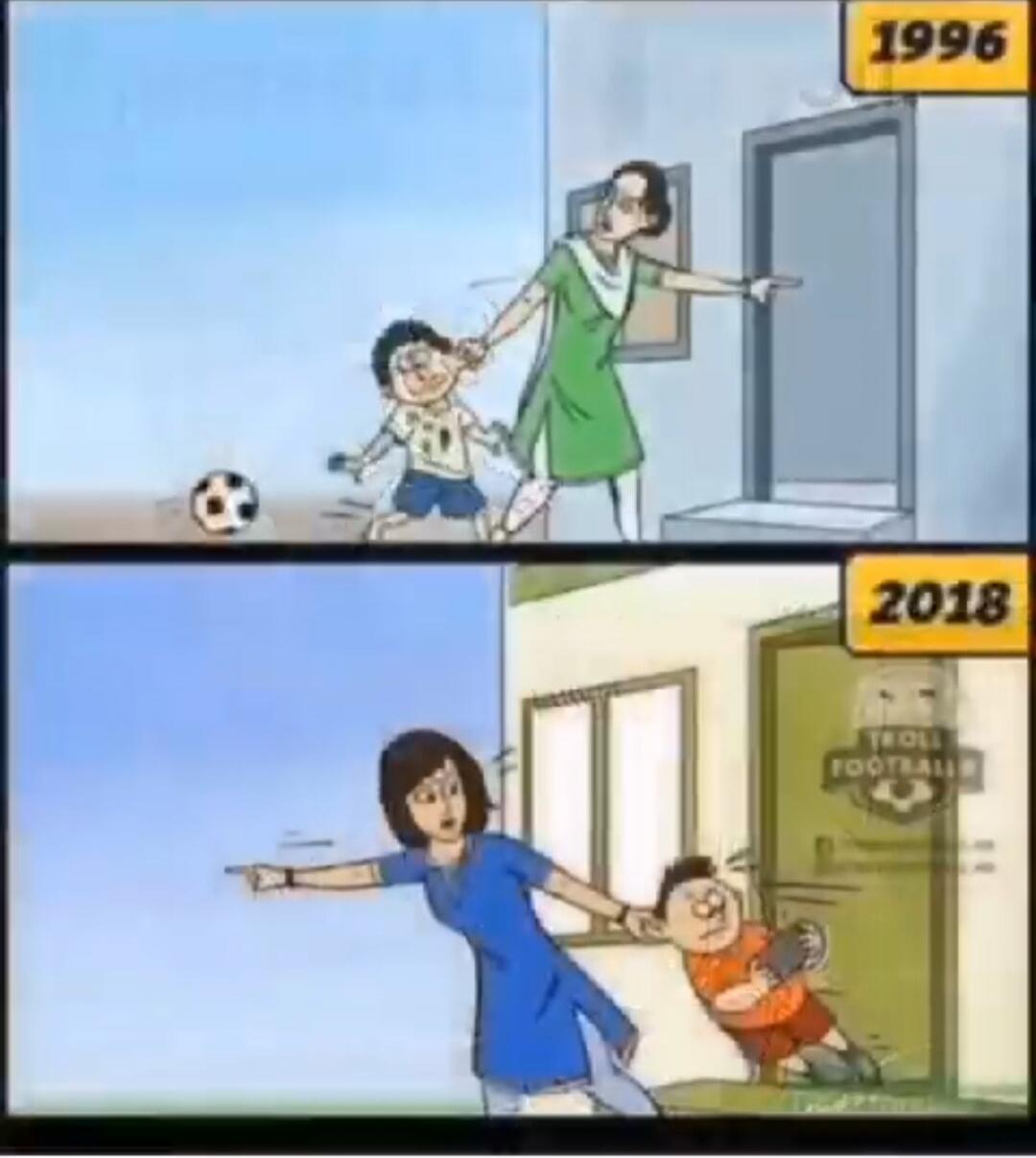 1996. A mother pulls a young boy by the ear, pointing towards a door, while a soccer ball lies on the ground. 2018. A mother pulls an older boy by the ear, who is holding a phone, pointing towards a door. Text on the door says 'TROLL FOOTBALL'.
