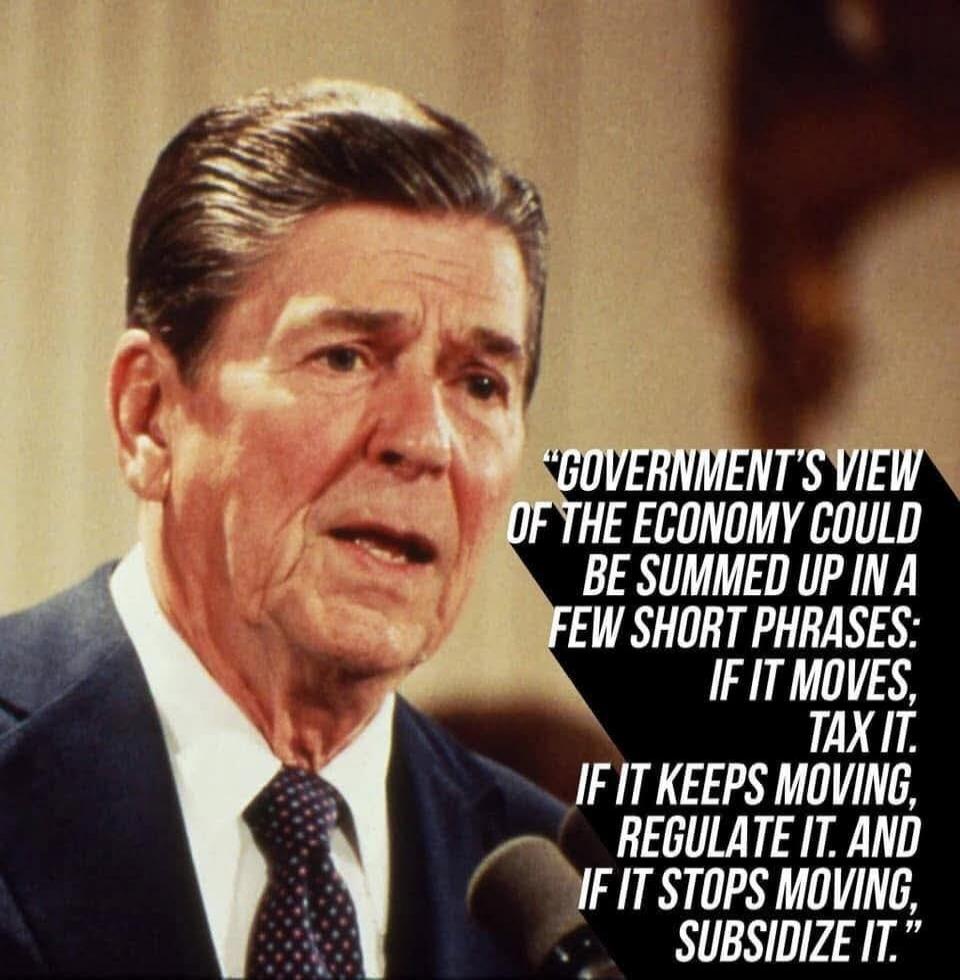 GOVERNMENT'S VIEW OF THE ECONOMY COULD BE SUMMED UP IN A FEW SHORT PHRASES: IF IT MOVES, TAX IT. IF IT KEEPS MOVING, REGULATE IT. AND IF IT STOPS MOVING, SUBSIDIZE IT.