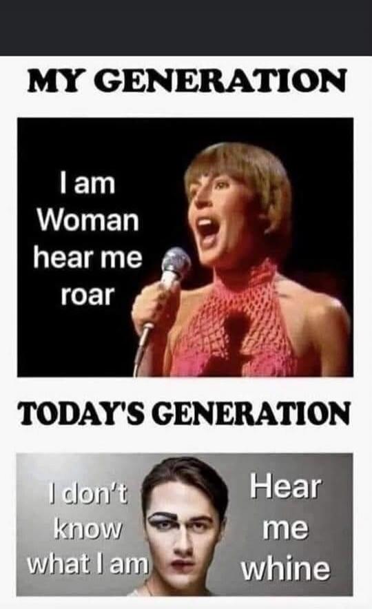MY GENERATION I am Woman hear me roar TODAY'S GENERATION I don't know what I am Hear me whine