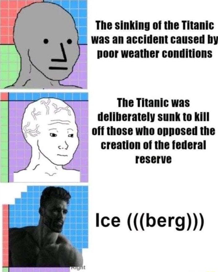 The sinking of the Titanic e e wasanaccident caused by J poor weather conditions i N LA The Titanic was deliberately sunk to kill off those who opposed the creation of the federal reserve Ice berg