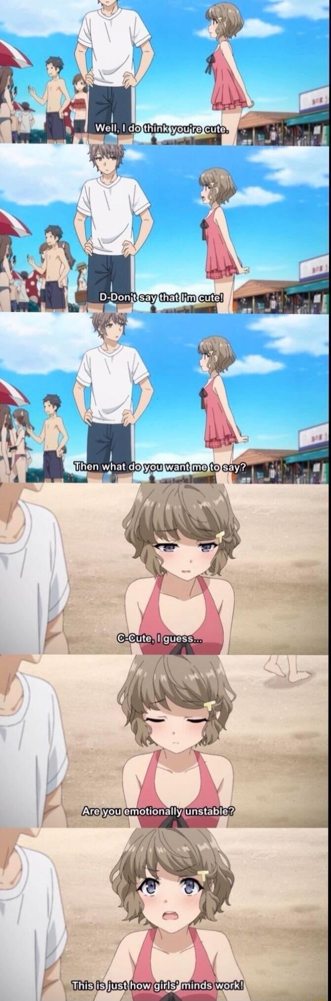 Well, I do think you're cute.
D-Don't say that I'm cute!
Then what do you want me to say?
C-Cute, I guess...
Are you emotionally unstable?
This is just how girls minds work!