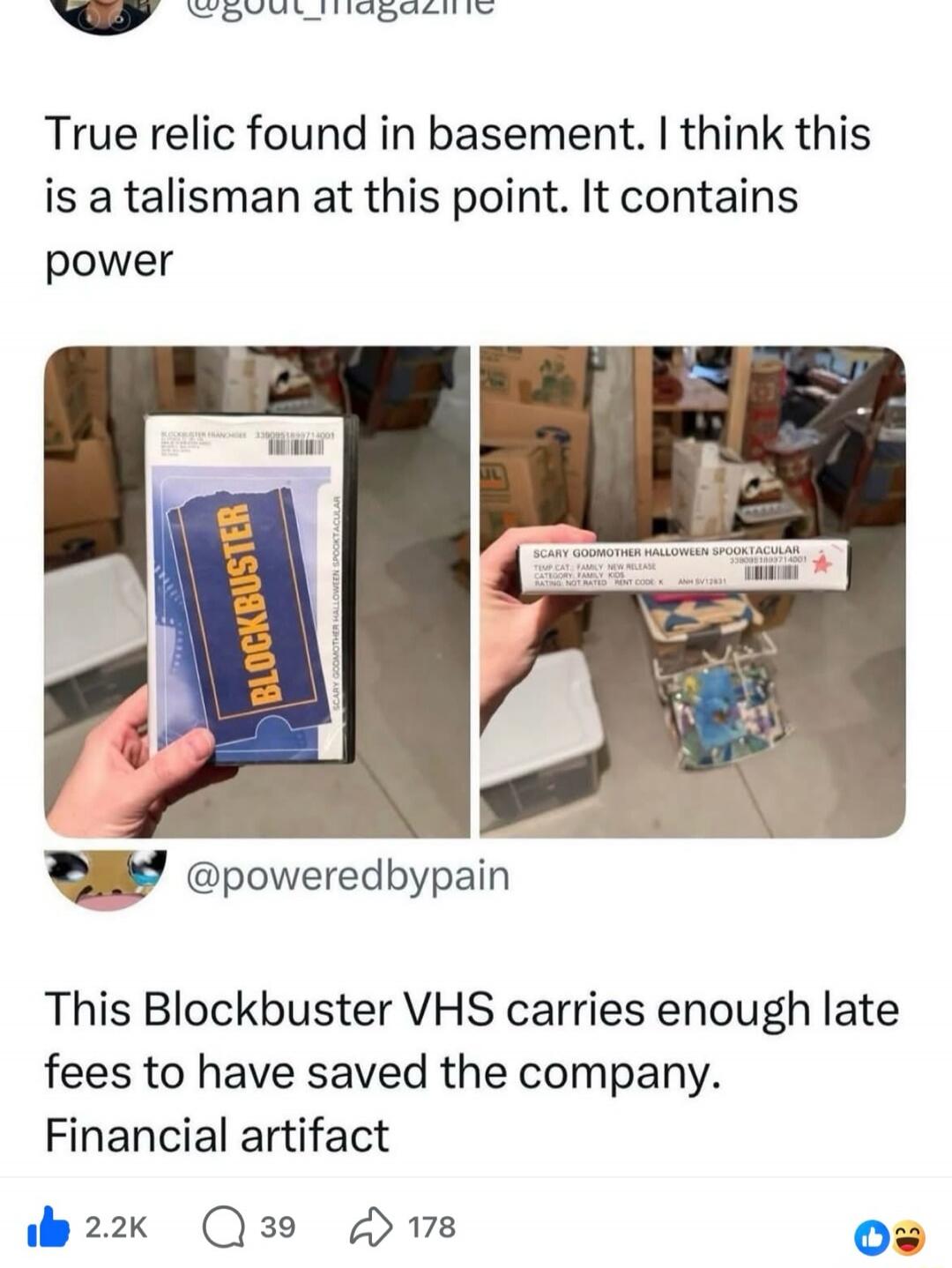 True relic found in basement. I think this is a talisman at this point. It contains power. BLOCKBUSTER. SCARY GODMOTHER HALLOWEEN SPOOKTACULAR. TEMP CAT: FAMILY NEW RELEASE. CATEGORY: FAMILY KIDS. RATING: NOT RATED. RENT CODE: X. This Blockbuster VHS carries enough late fees to have saved the company. Financial artifact.