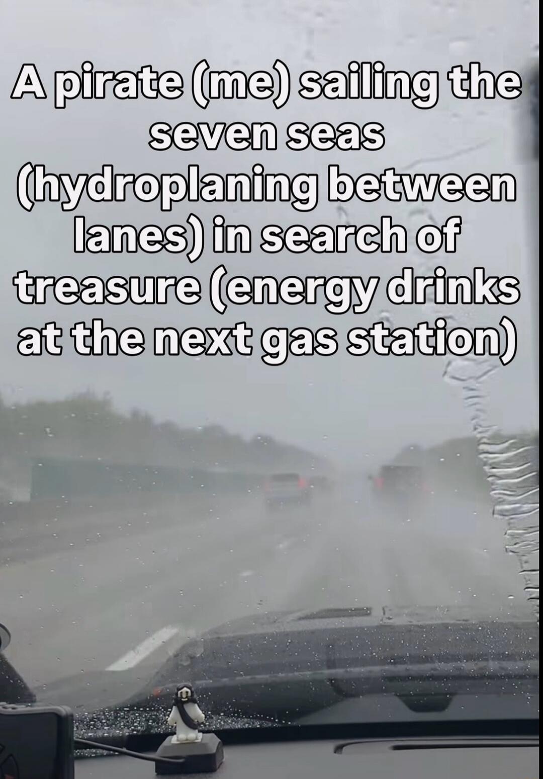 A pirate (me) sailing the seven seas (hydroplaning between lanes) in search of treasure (energy drinks at the next gas station)