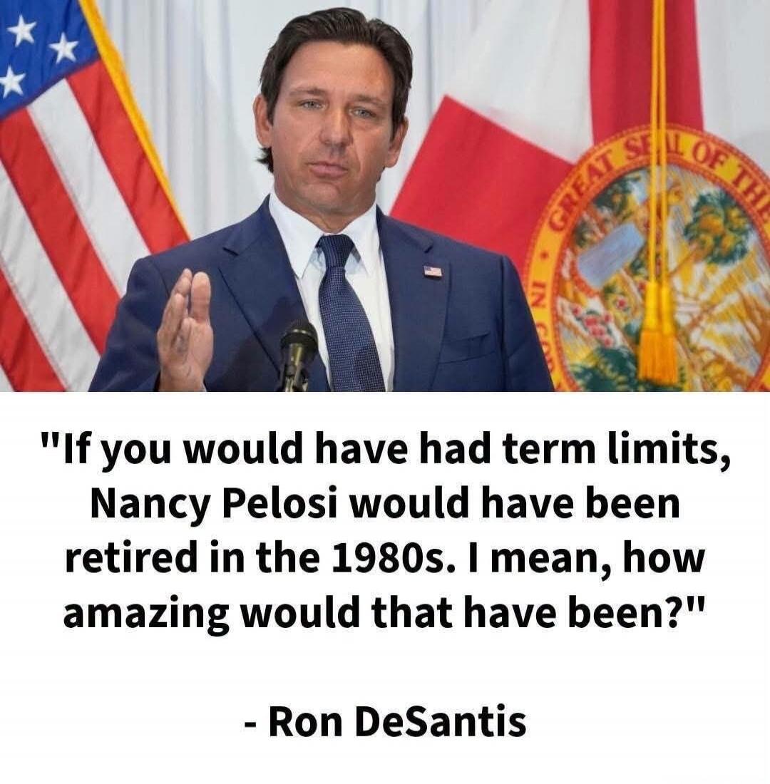 If you would have had term limits, Nancy Pelosi would have been retired in the 1980s. I mean, how amazing would that have been? - Ron DeSantis
