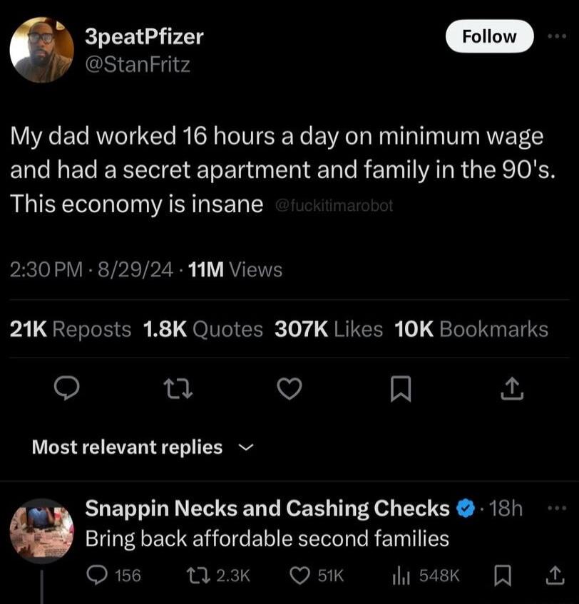 3peatPfizer StanFritz My dad worked 16 hours a day on minimum wage and had a secret apartment and family in the 90s This economy is insane paclolo VRETPETPZER L AYENE pALGERGEEIR QoI EER y QIR v LIIGET T Qo R Most relevant replies Snappin Necks and Cashing Checks 185 g Bring back affordable second families O M2k OsKk disek Q4