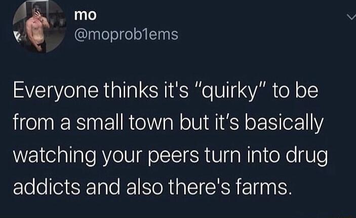 T J mo v moproblems Everyone thinks its quirky to be from a small town but its basically watching your peers turn into drug addicts and also theres farms