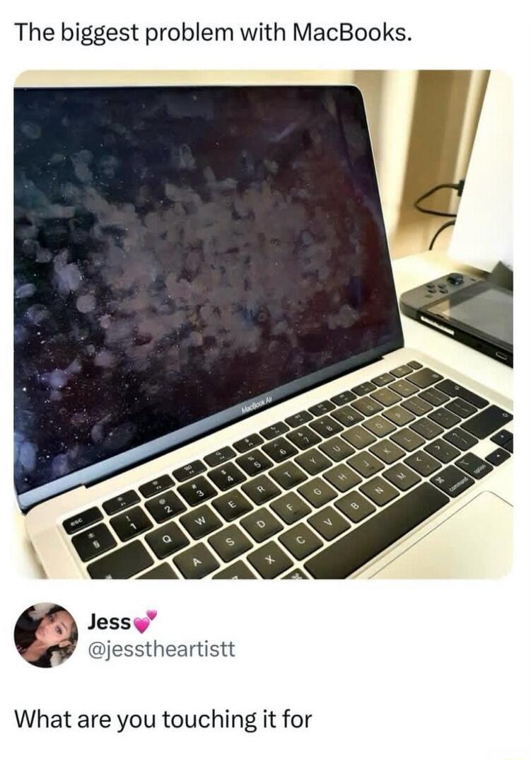 The biggest problem with MacBooks.

[Image shows a MacBook with a dirty screen; caption from the meme: 