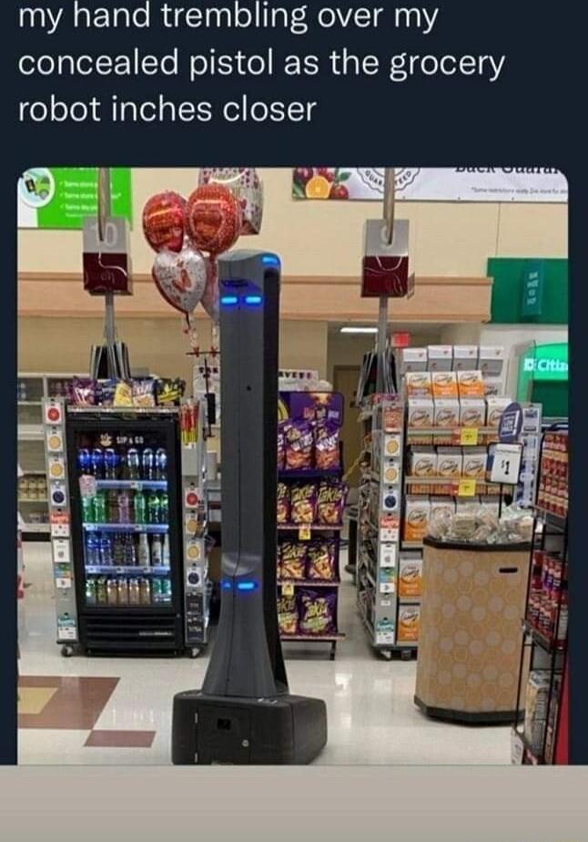 my hand trembling over my concealed pistol as the grocery robot inches closer
