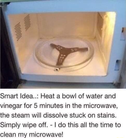 Smart Idea Heat a bow of water and vinegar for 5 minutes in the microwave he steam will dissolve stuck on stains Simply wipe off do this all the time to clean my microwave