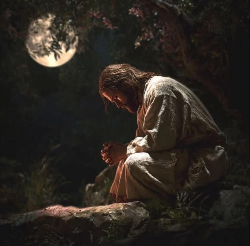 A man kneels and prays at night under a crescent moon.