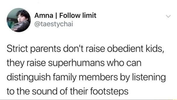 Amna Follow limit taestychai Strict parents dont raise obedient kids they raise superhumans who can distinguish family members by listening to the sound of their footsteps