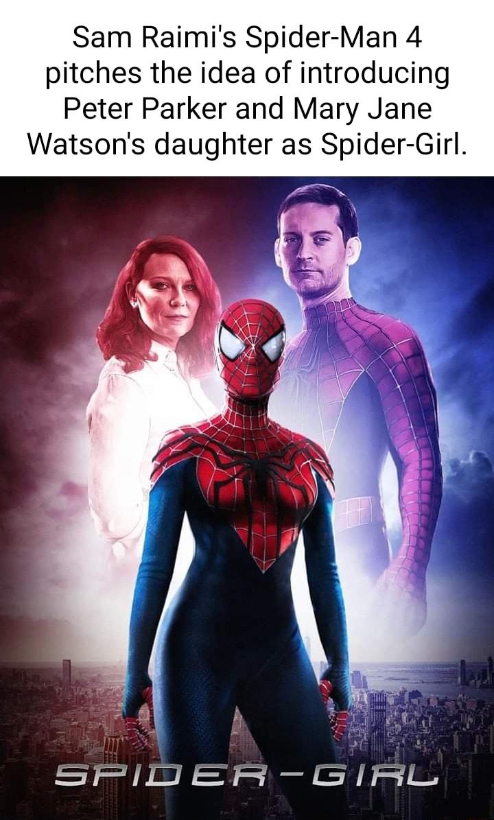 Sam Raimis Spider Man 4 pitches the idea of introducing Peter Parker and Mary Jane Watsons daughter as Spider Girl SN ER G RL