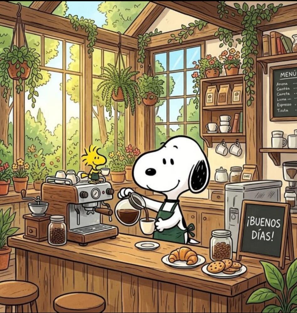 MENÚ Anena Camtea Careta Liena Espresso Tisata ¡BUENOS DÍAS! Snoopy and Woodstock are in a cozy, plant-filled cafe. Snoopy is wearing an apron and pouring coffee, while Woodstock is perched on the espresso machine. A blackboard sign reads 'Good Morning!'. Croissants and cookies are on the counter.