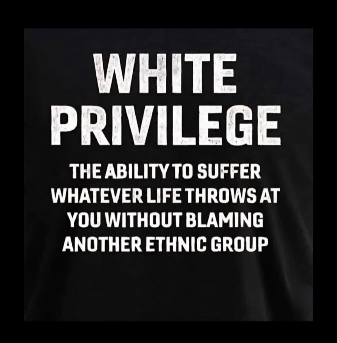 WHITE PRIVILEGE THE ABILITY TO SUFFER WHATEVER LIFE THROWS AT YOU WITHOUT BLAMING ANOTHER ETHNIC GROUP