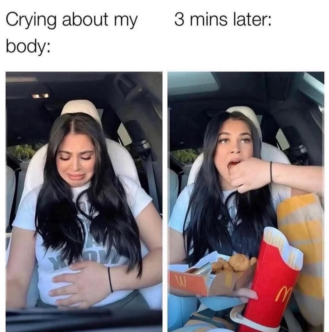 Crying about my body: 3 mins later: