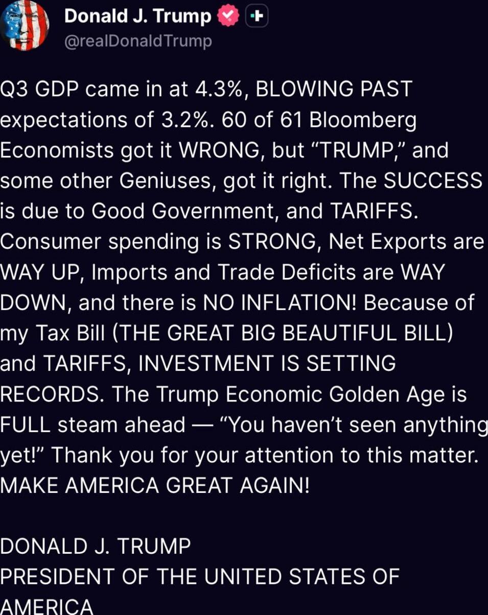 Q3 GDP came in at 4.3%, BLOWING PAST expectations of 3.2%. 60 of 61 Bloomberg Economists got it WRONG, but “TRUMP,” and some other Geniuses, got it right. The SUCCESS is due to Good Government, and TARIFFS. Consumer spending is STRONG, Net Exports are WAY UP, Imports and Trade Deficits are WAY DOWN, and there is NO INFLATION! Because of my Tax Bill