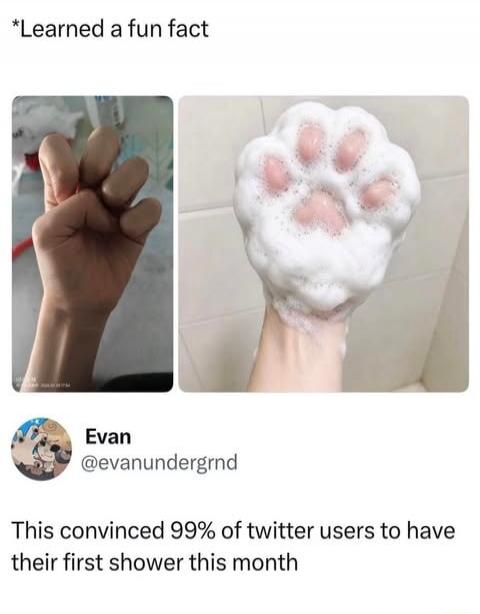 *Learned a fun fact. Evan @evanundergrnd. This convinced 99% of twitter users to have their first shower this month.
