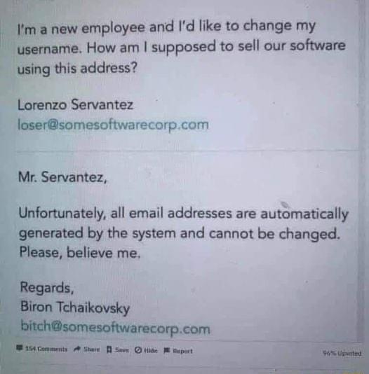 employee and Id like to change my L How am supposed to sell our software using this address Lorenzo Servantez losersomesoftwarecorpcom Mr Servantez U Unfortunately all email addresses are autnnanally gumnad by the system and cannot be changed