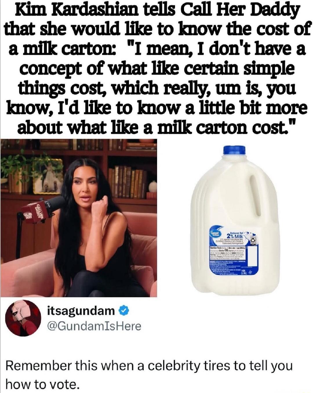 Kim Kardashian tells Call Her Daddy that she would like to know the cost of a milk carton: 