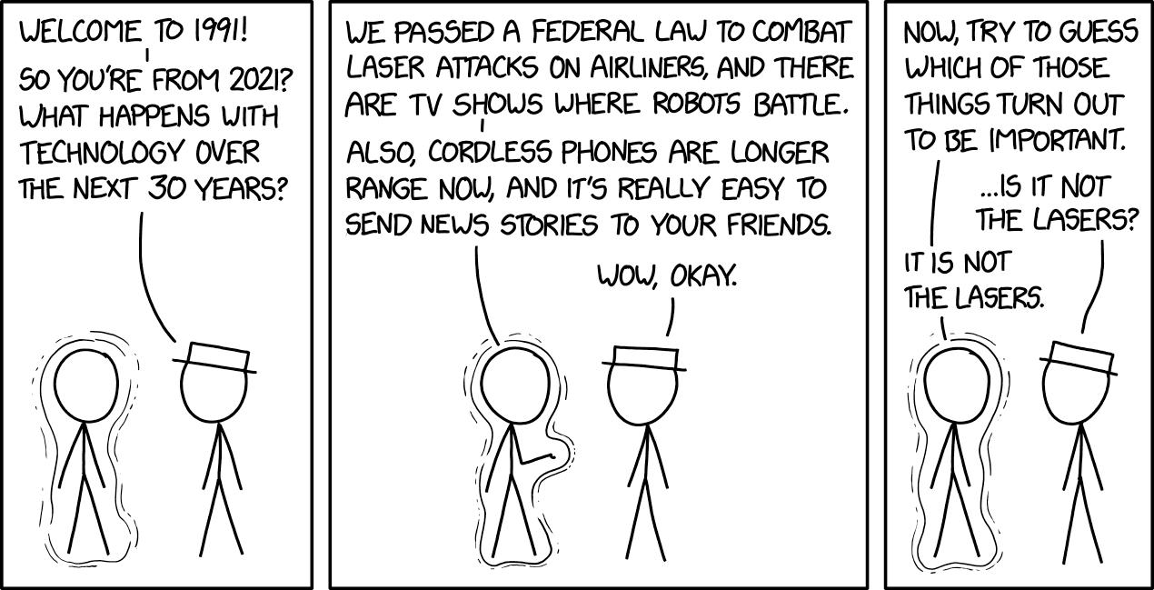 WELCOME TO 991 I 50 YOURE FROM 20217 WHAT HAPPENS WITH TECHNOLOGY OVER THE NEXT 30 YEARS WE PASSED A FEDERAL LAW TO COMBAT LASER ATTACKS ON AIRLINERS AND THERE ARE TV 5 IOU5 WHERE ROBOTS BATTLE ALSO CORDLESS PHONES ARE LONGER RANGE NOW AND ITS REALLY EASY TO SEND NEWS STORIES TO YOUR FRIENDS WO OKAY NOW TRY TO GUESS WHICH OF THOSE THINGS TURN OUT TO BE MPORTANT 19 1T NoT THE LASERS IT1S NOT THE LA