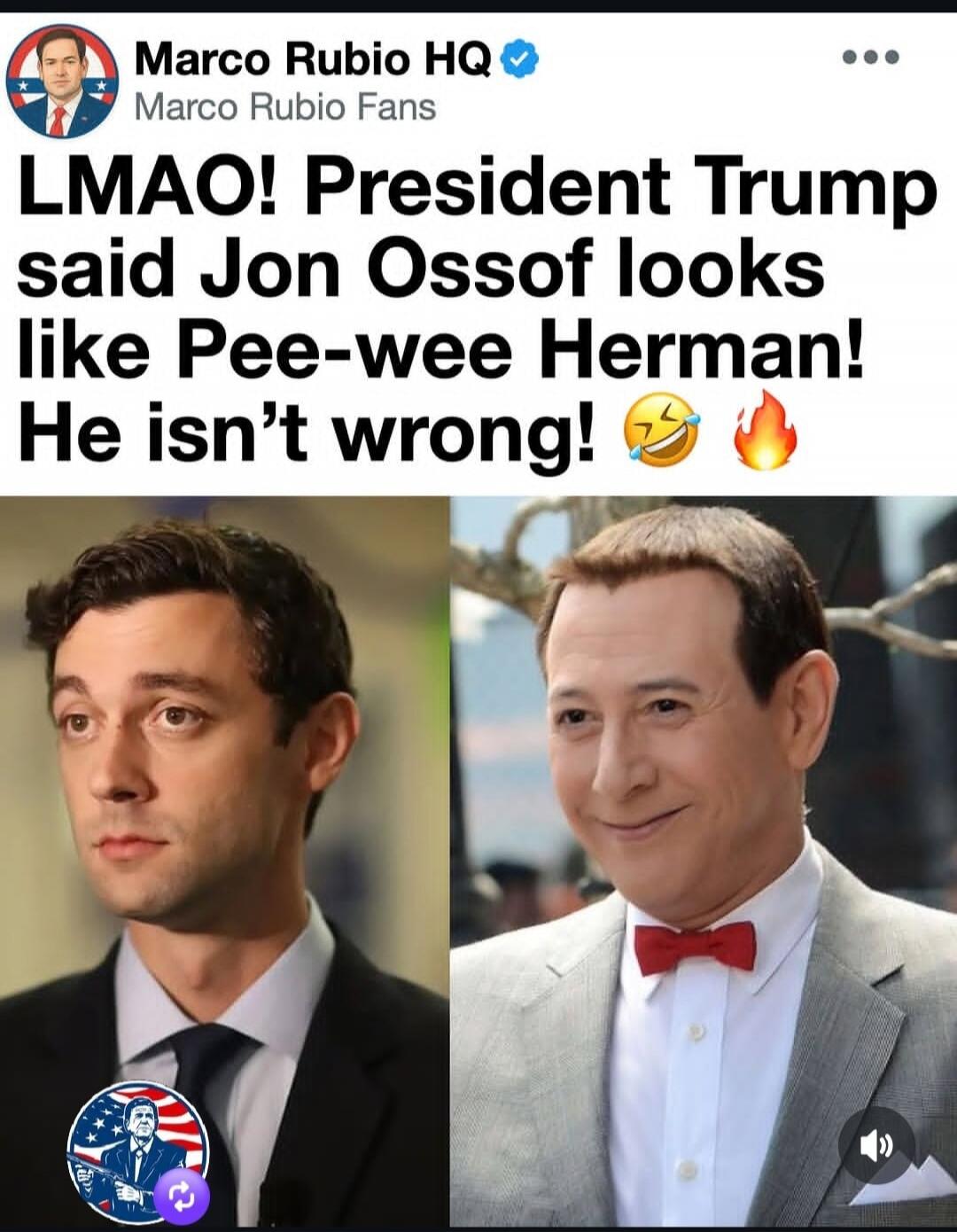 Marco Rubio HQ Marco Rubio Fans LMAO! President Trump said Jon Ossof looks like Pee-wee Herman! He isn't wrong!