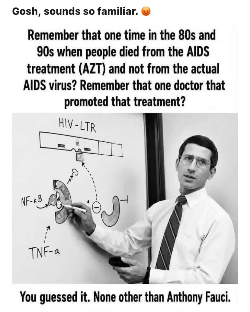 Gosh, sounds so familiar. Remember that one time in the 80s and 90s when people died from the AIDS treatment (AZT) and not from the actual AIDS virus? Remember that one doctor that promoted that treatment? HIV-LTR NF-kB TNF-a You guessed it. None other than Anthony Fauci.