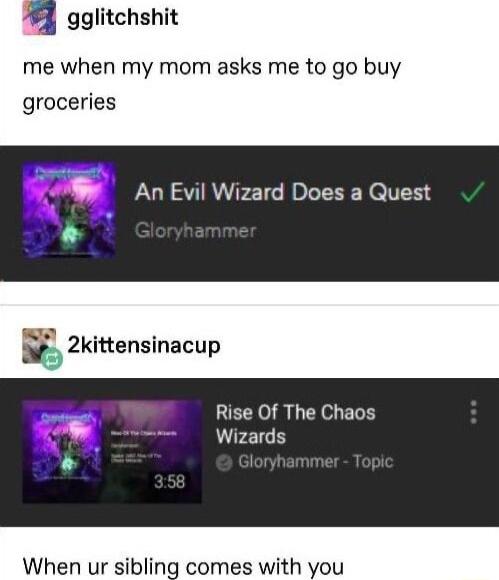 1 gglitchshit me when my mom asks me to go buy groceries n LURSTIN 2T RN R e TN L 2kittensinacup Rise Of The Chaos Wizards When ur sibling comes with you