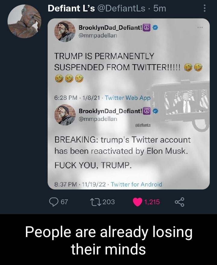 Defiant Ls DefiantLs 5m KlynDad_DefiantQ mpadellar TRUMP IS PERMANENTLY SUSPENDED FROM TWITTER oo f BrooklynDad_Dafiantfl BREAKING tru a has been rea i by Elon Musk FUCK YOU TRUMP Qer 203 People are already losing their minds