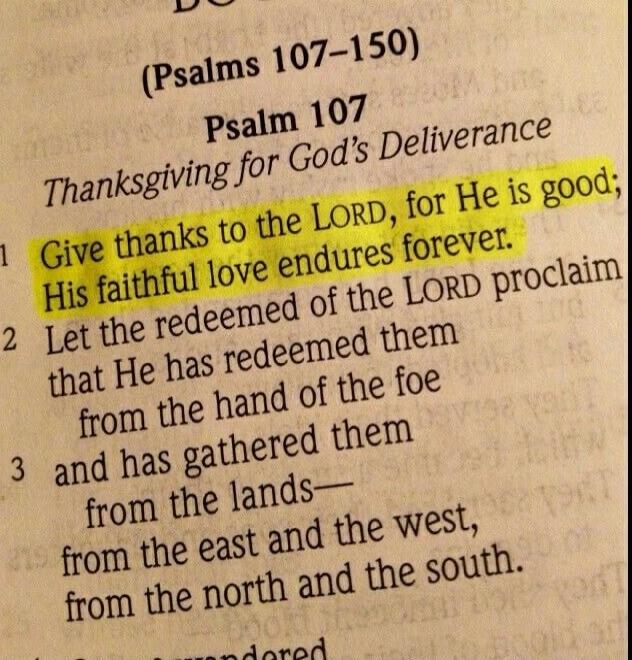 Psalms 107-150\nPsalm 107\nThanksgiving for God's Deliverance\nGive thanks to the LORD, for He is good; His faithful love endures forever.
