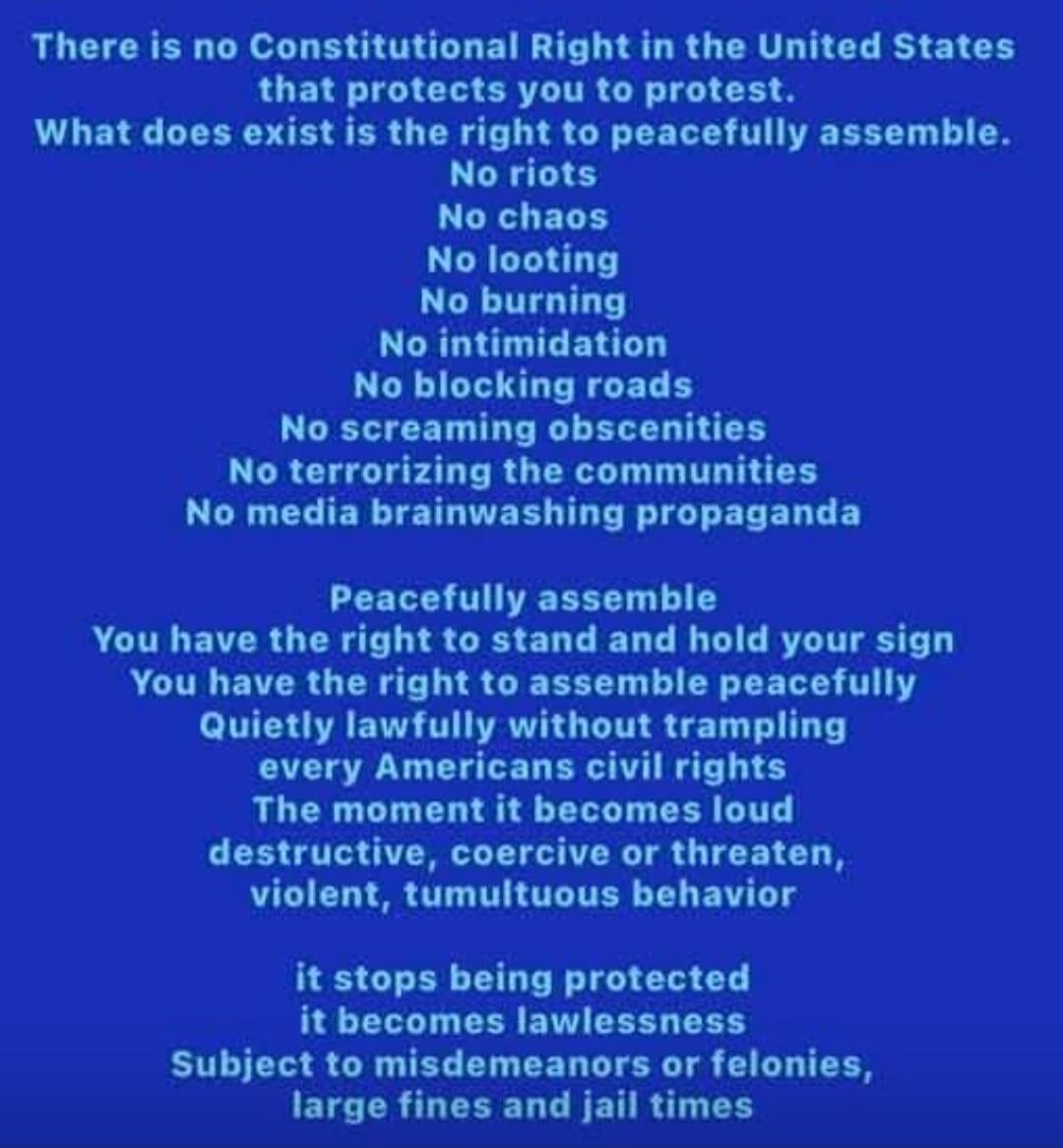 There is no Constitutional Right in the United States that protects you to protest. What does exist is the right to peaceably assemble. No riots No chaos No looting No burning No intimidation No blocking roads No screaming obscenities No terrorizing the communities No media brainwashing propaganda Peacefully assemble You have the right to stand and