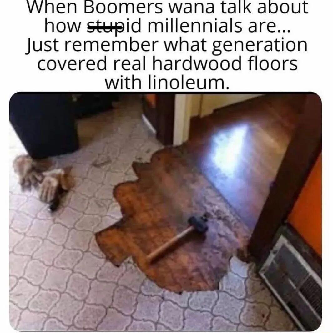 poomers wana talk a stapid millennials are Just remember what generation covered real hardwood floors with linoleum