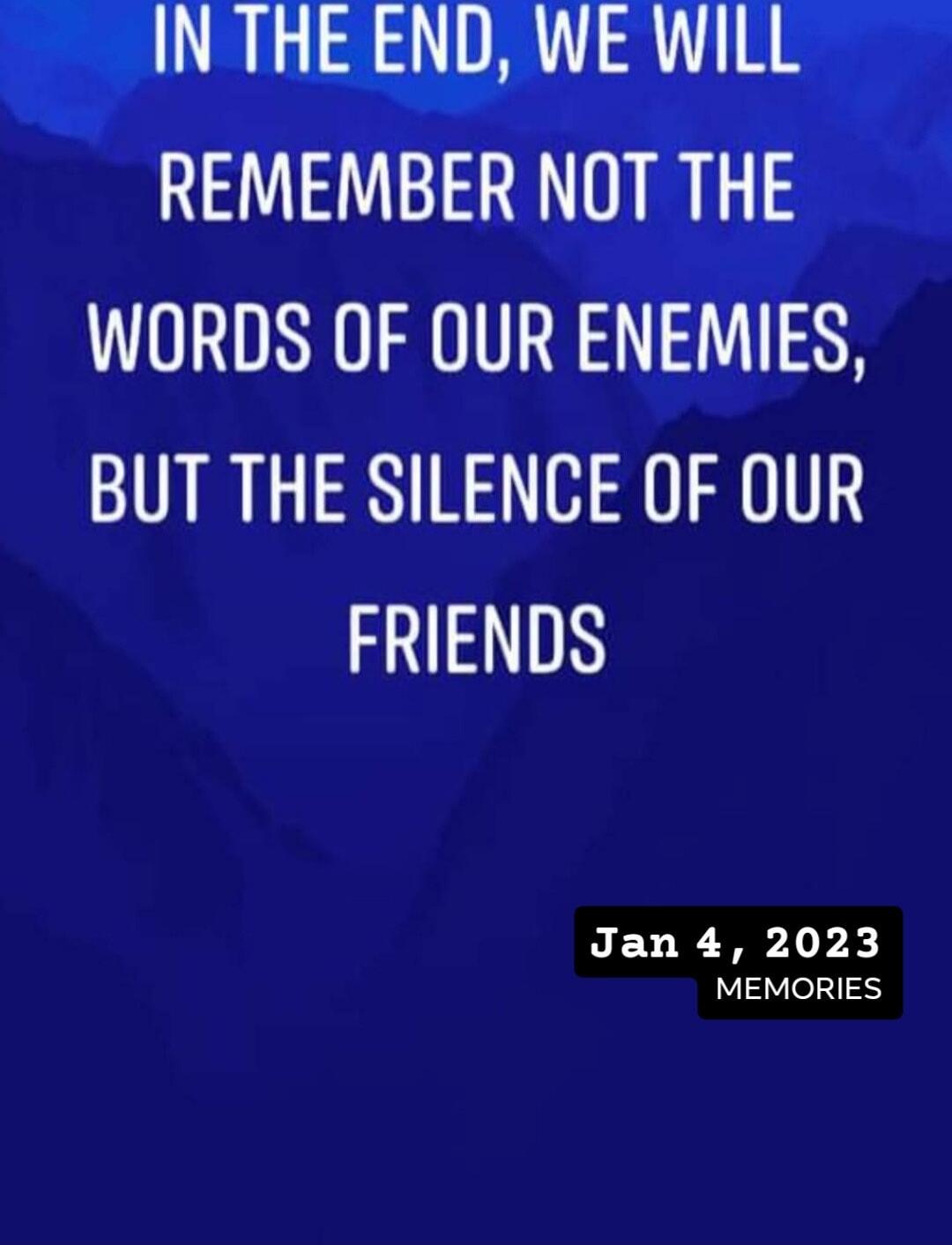 IN THE END, WE WILL REMEMBER NOT THE WORDS OF OUR ENEMIES, BUT THE SILENCE OF OUR FRIENDS

Jan 4, 2023
MEMORIES