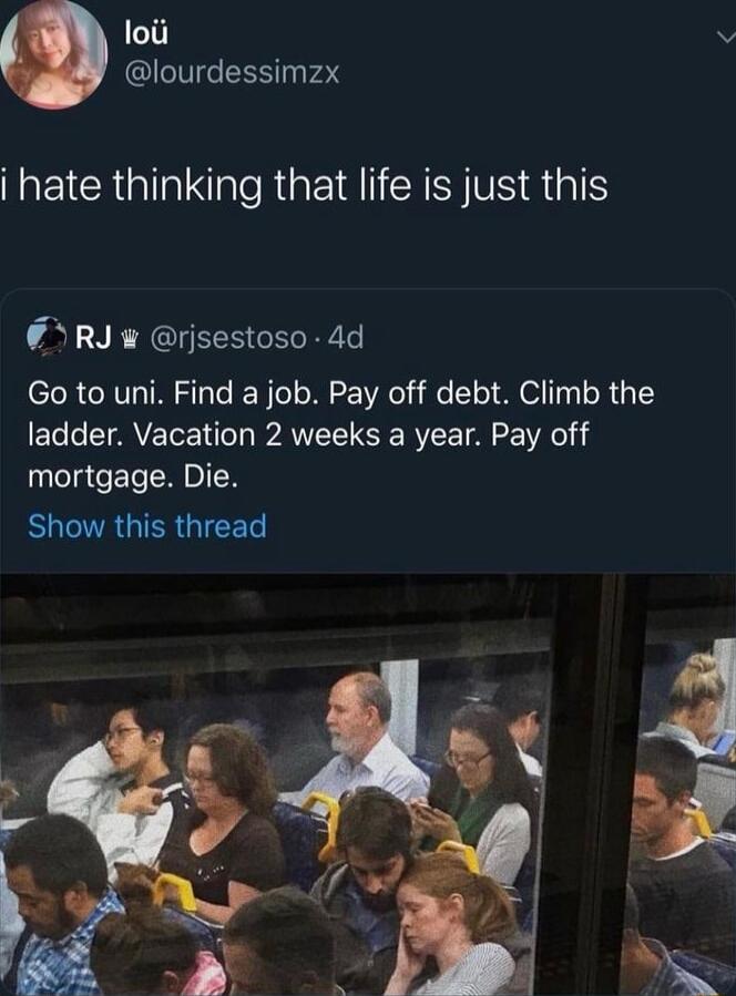 loti v lourdessimzx REIC QN RGEM ISR G RJ rjsestoso 4d Go to uni Find a job Pay off debt Climb the ladder Vacation 2 weeks a year Pay off mortgage Die BUCAGIRGICED