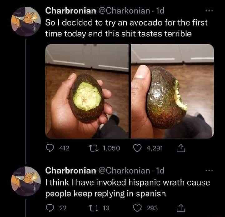 Charbronian Charkonian 1d So decided to try an avocado for the first LR L EWEC R TR S e CER i Qa2 Moo Qs o BTG TET REISLEGRIER RN I think have invoked hispanic wrath cause people keep replying in spanish Qn n Q23