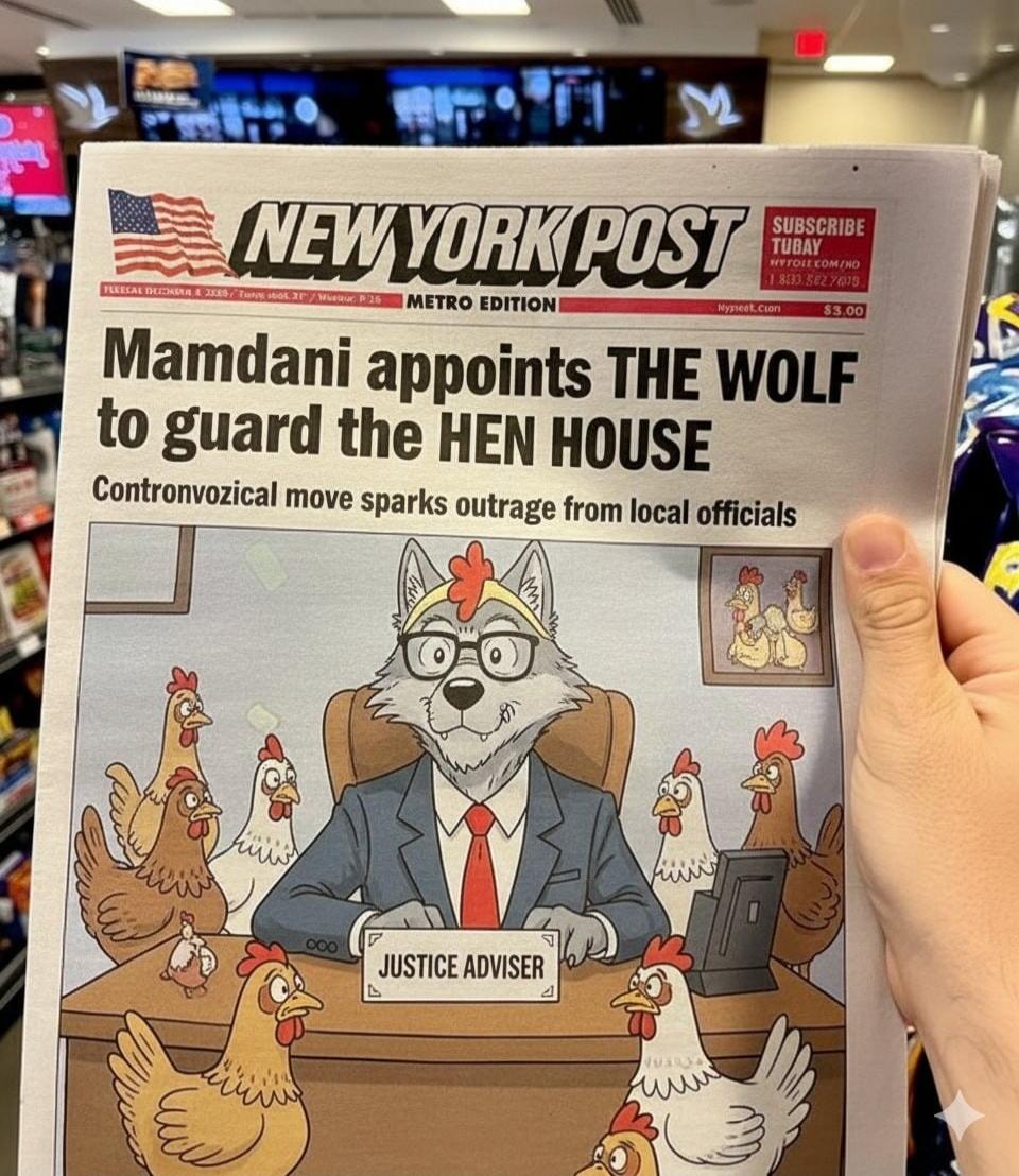 NEW YORK POST
METRO EDITION
Mamdani appoints THE WOLF to guard the HEN HOUSE
Contronovozical move sparks outrage from local officials