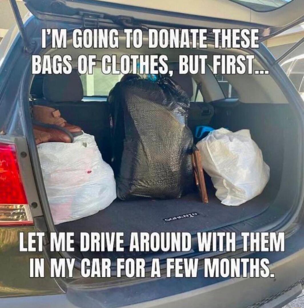 M GOMG T0 0ONATE THESE BAGS QECLOTHES BUT FIRST g J L il_ a LET ME DRIVE AROUND WITH THEM IN MY GAR FOR A FEW MONTHS w 64