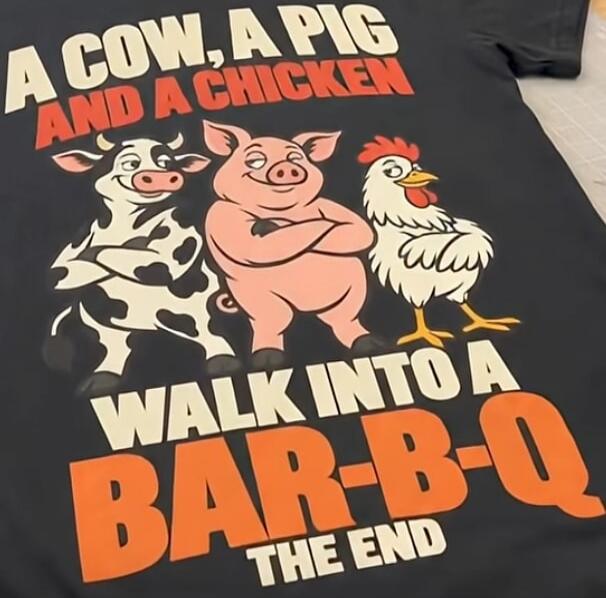 A COW, A PIG AND A CHICKEN WALK INTO A BAR-B-Q THE END