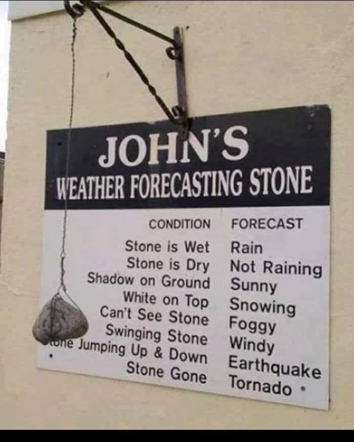 J OH NS WEATHER FORECASTING STONE CONDITION FORECAST Stone is Wet Rain f Stone is Dry Not Raining Shadow on Ground Sunny While on Top Snowing ant See Stone Foggy 1 Swinging Stone i one Jumping Up Bown Windy Earth VStone Gone Tornaflltjae