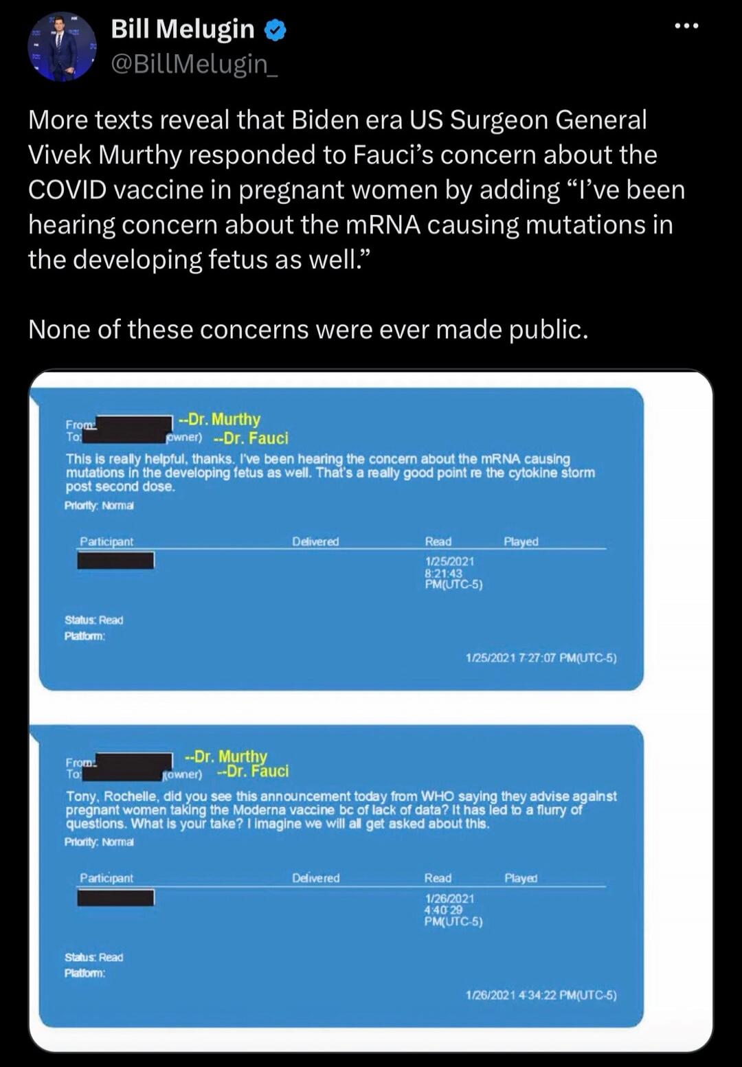 More texts reveal that Biden era US Surgeon General Vivek Murthy responded to Fauci's concern about the COVID vaccine in pregnant women by adding 
